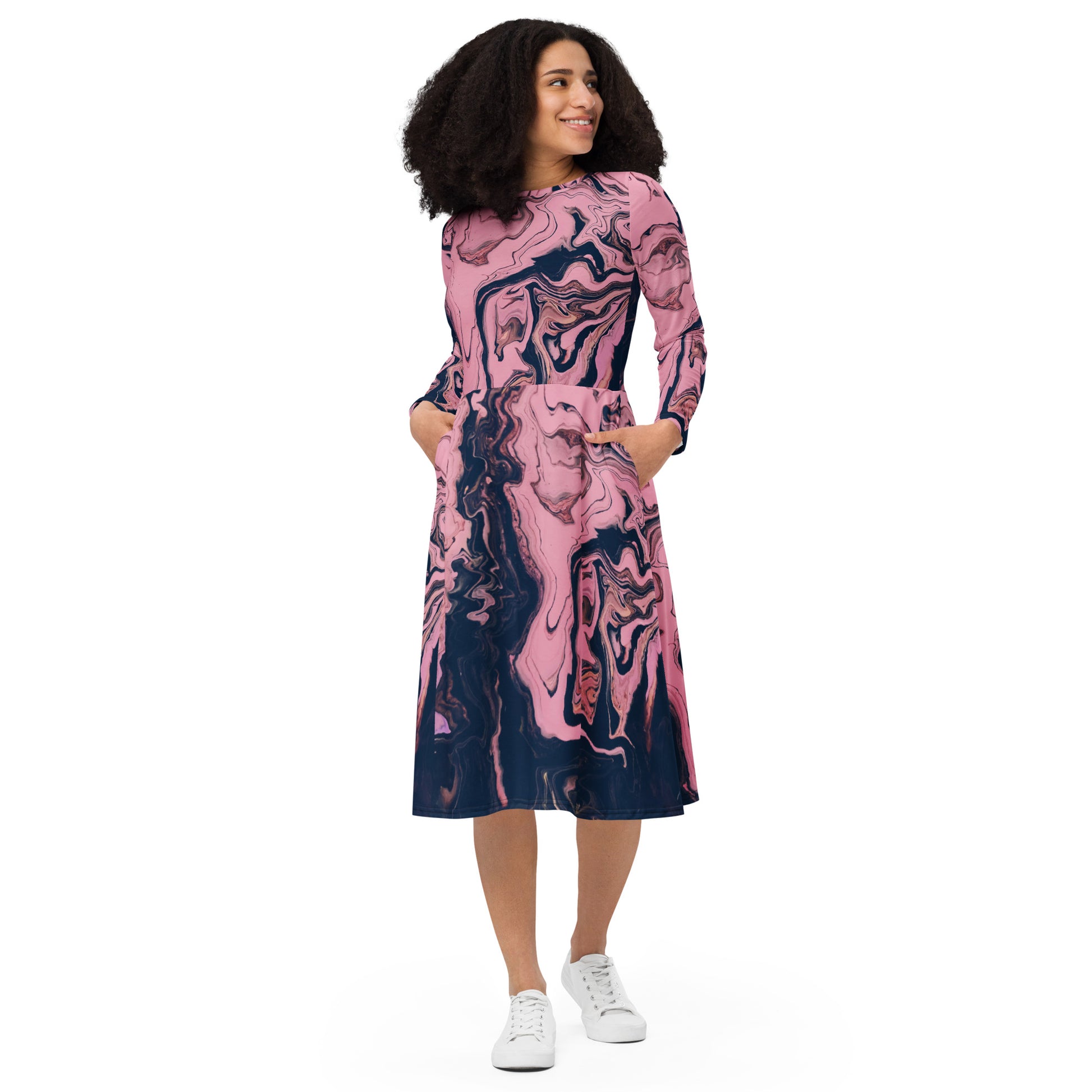 Azure Twilight Women's Long Sleeve Midi Dress - FLAKOUT