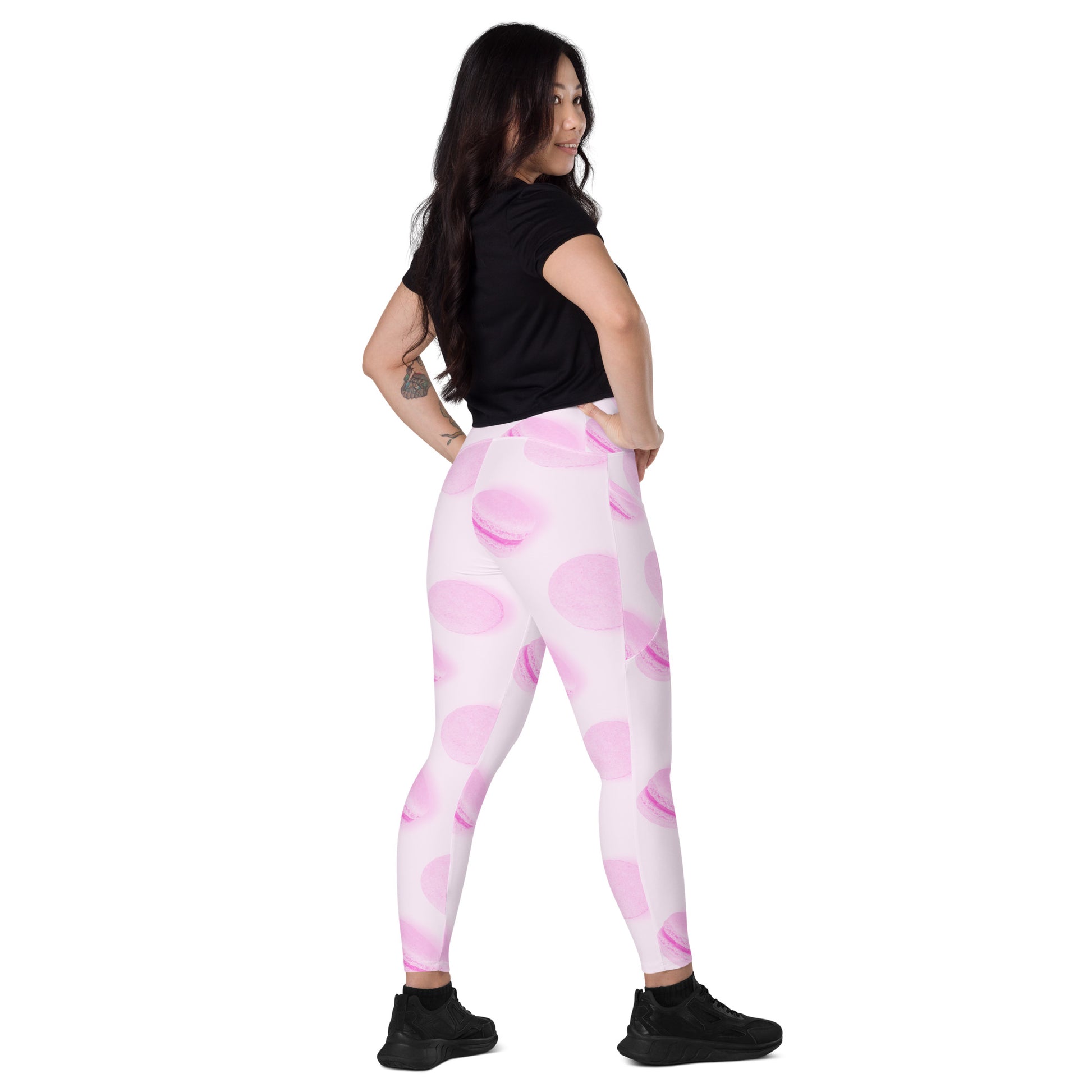 Rosé Macaron Women's Recycled Crossover Leggings With Pockets - FLAKOUT