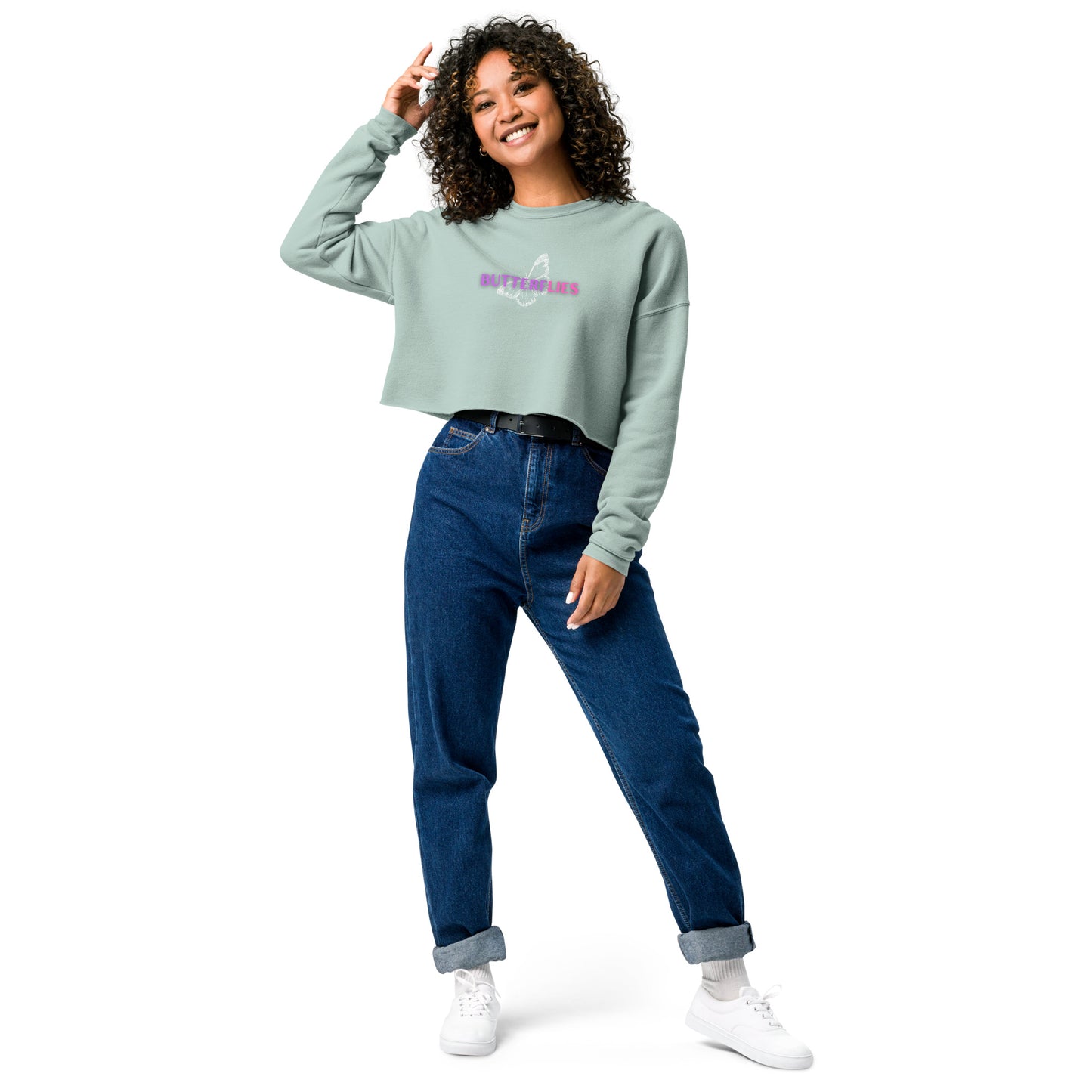 Whispers Of Wings Butterflies Women's Crop Sweatshirt - Dusty Blue - FLAKOUT