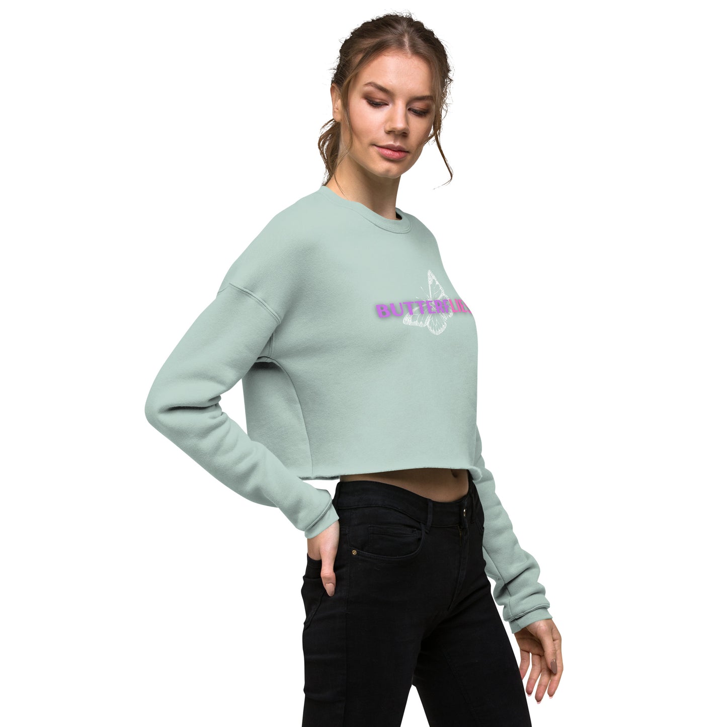 Whispers Of Wings Butterflies Women's Crop Sweatshirt - Dusty Blue - FLAKOUT