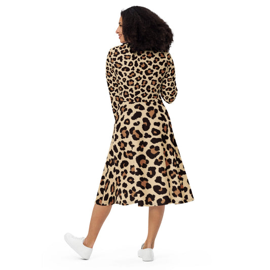 Leopar Chic Feline Women's Long Sleeve Midi Dress - FLAKOUT